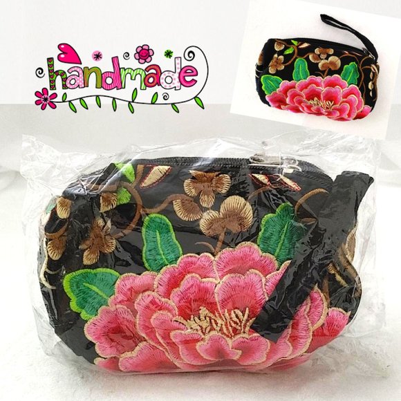 Embroidered Floral Fabric Wristlet Pouch Black Pink 3-Layer Zipper Wallet Lined - Picture 3 of 11